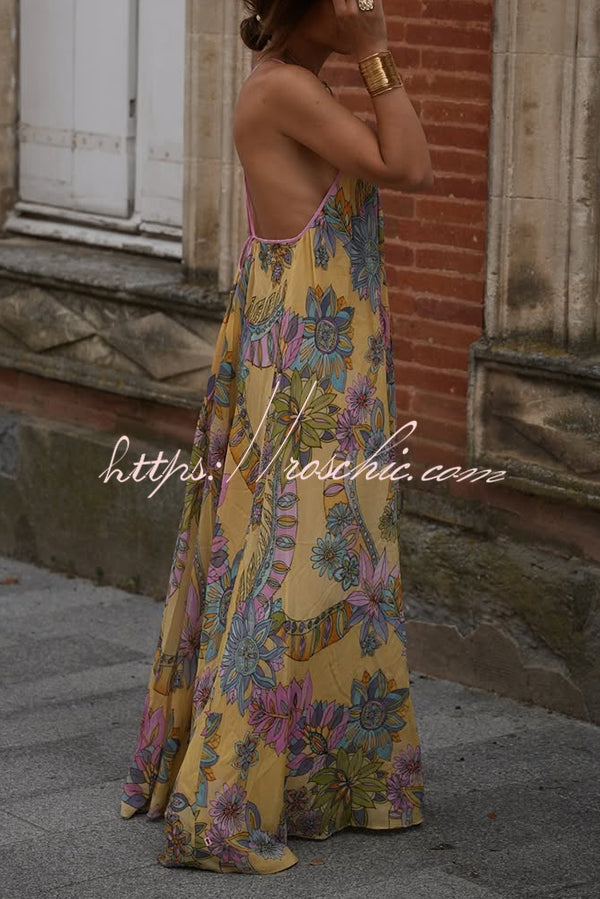 Plant Print Halter Back Loose Holiday Maxi Dress