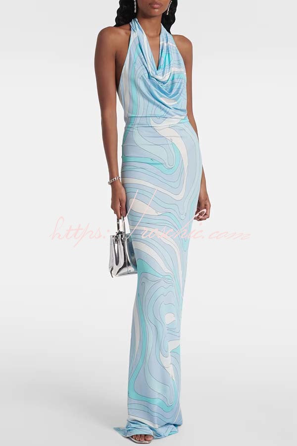Caralyn Unique Print Halter Cowl Neck Slit Stretch Maxi Dress