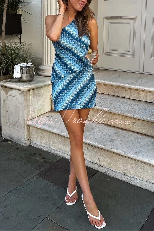 Darla Knit Wave Unique Print One Shoulder Top and Stretch Mini Skirt Set