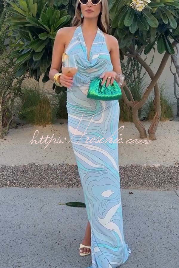 Caralyn Unique Print Halter Cowl Neck Slit Stretch Maxi Dress