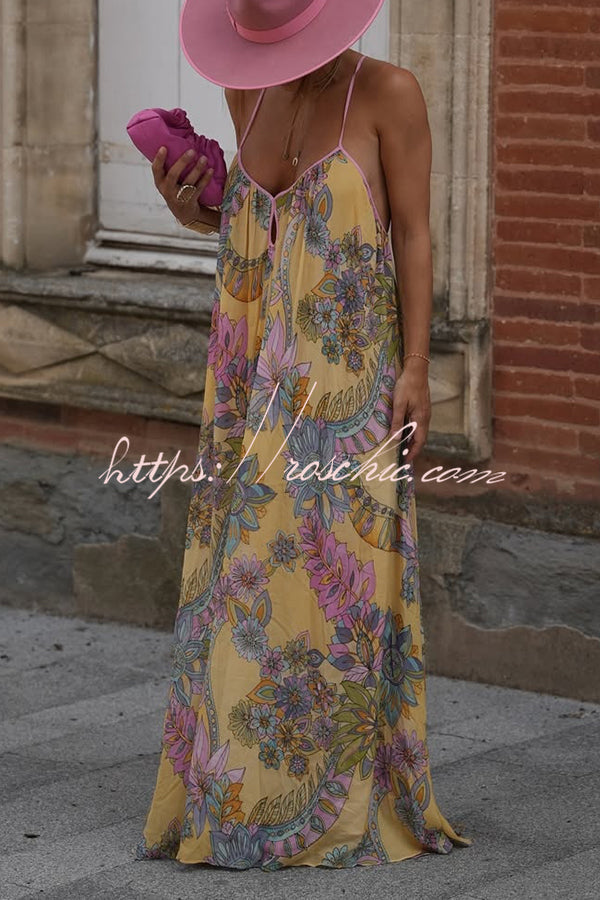 Plant Print Halter Back Loose Holiday Maxi Dress