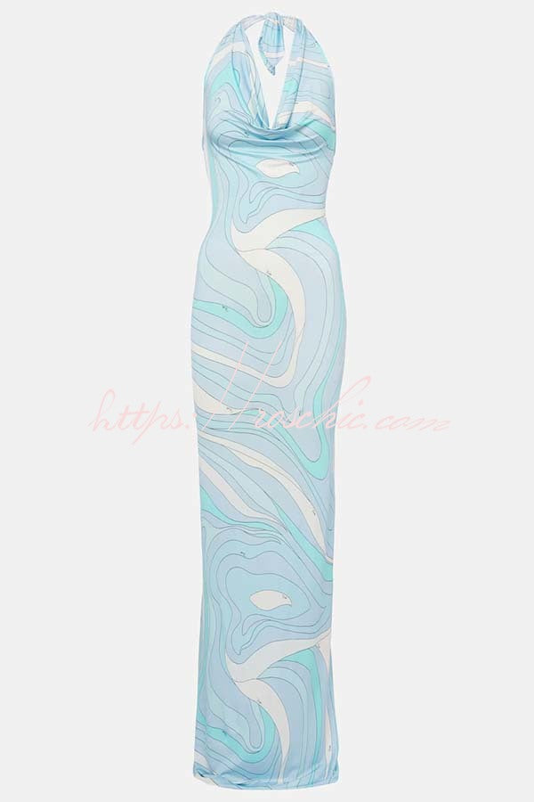 Caralyn Unique Print Halter Cowl Neck Slit Stretch Maxi Dress