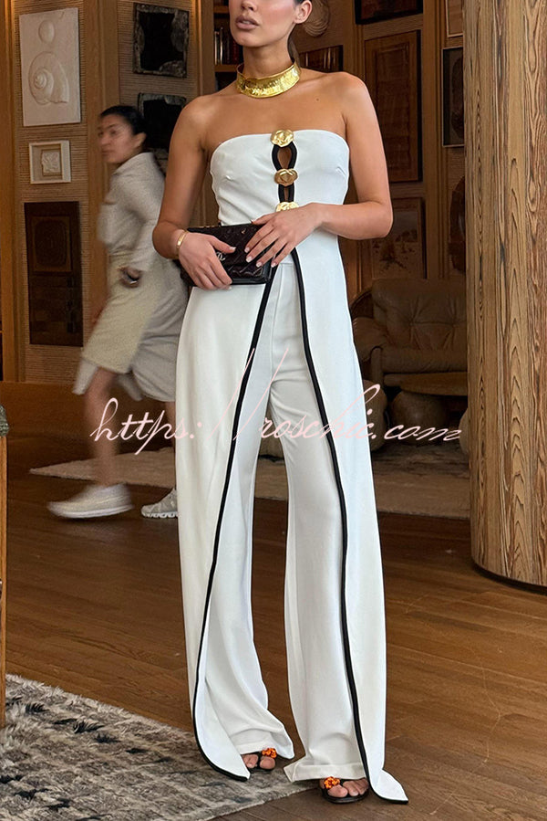 Fashionable Contrast Color Off-shoulder Metal Decoration Casual Elegant Jumpsuit