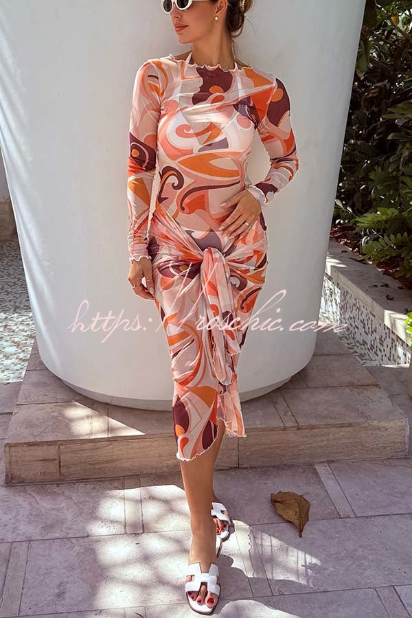 Nessie Mesh Unique Print Tie-up Waist Long Sleeve Stretch See-Through Maxi Dress