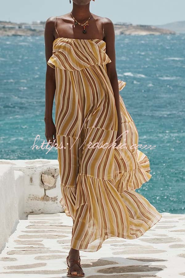 Eternal Joyful Chiffon Striped Print Ruffle Slip A-line Maxi Dress