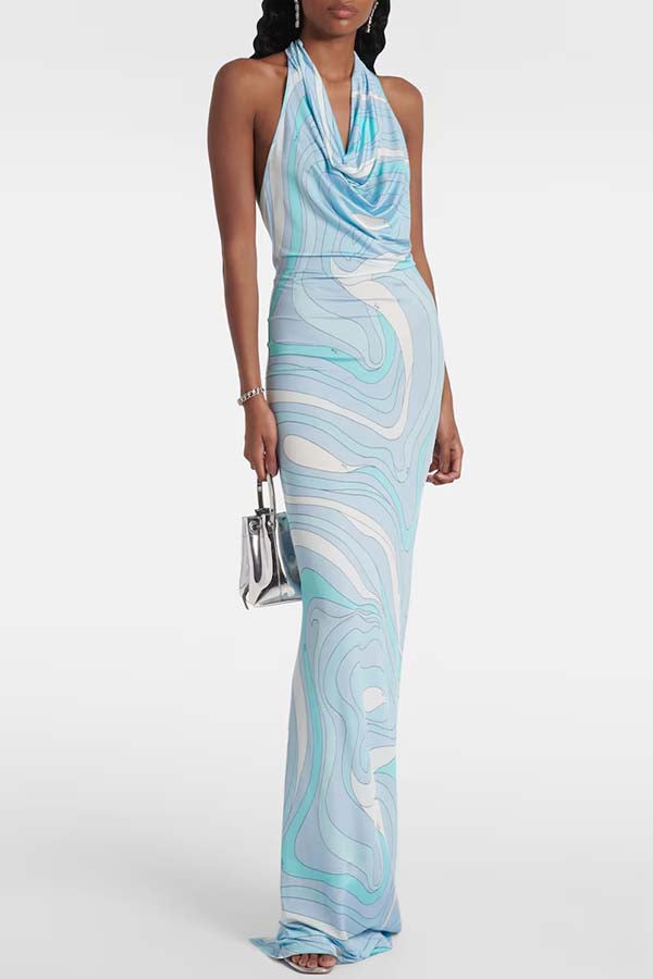 Caralyn Unique Print Halter Cowl Neck Slit Stretch Maxi Dress