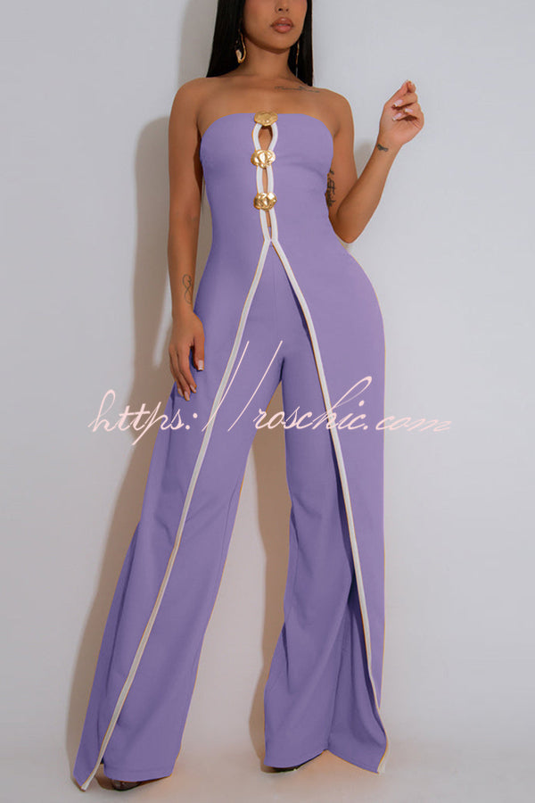 Fashionable Contrast Color Off-shoulder Metal Decoration Casual Elegant Jumpsuit