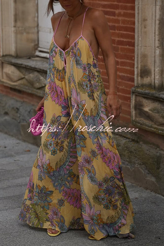 Plant Print Halter Back Loose Holiday Maxi Dress