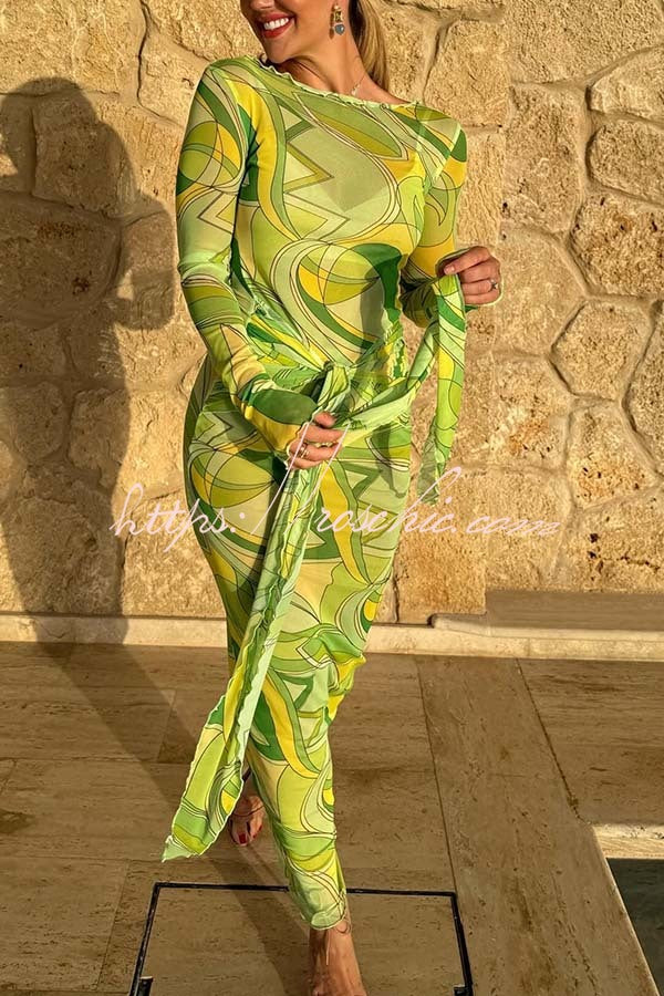 Nessie Mesh Unique Print Tie-up Waist Long Sleeve Stretch See-Through Maxi Dress
