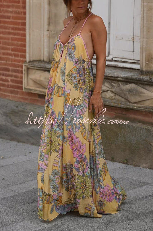 Plant Print Halter Back Loose Holiday Maxi Dress