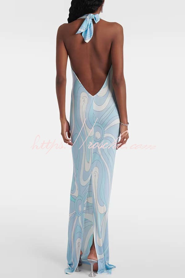 Caralyn Unique Print Halter Cowl Neck Slit Stretch Maxi Dress