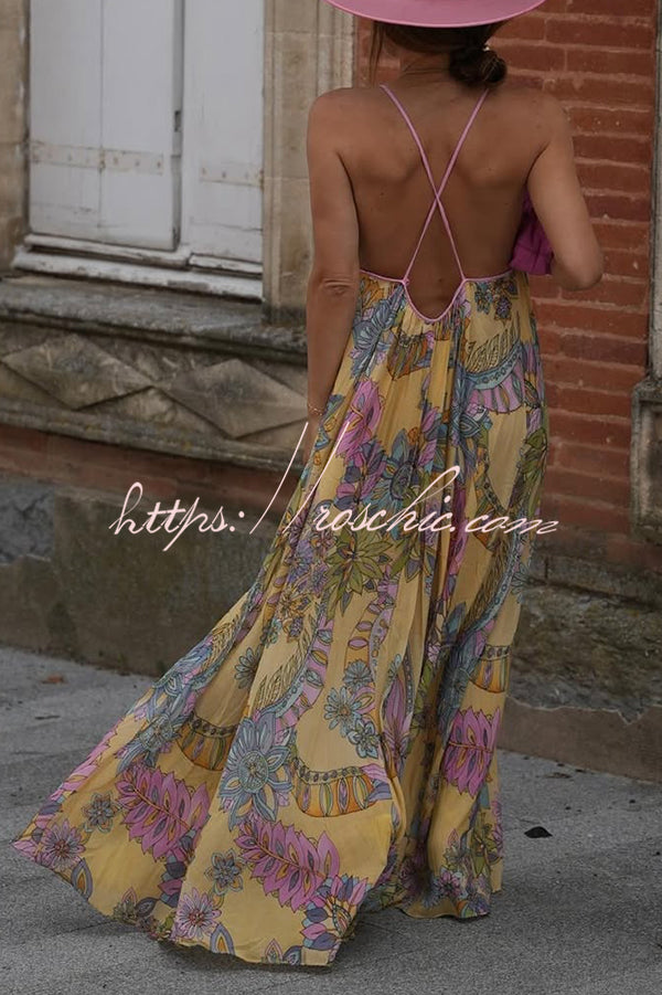 Plant Print Halter Back Loose Holiday Maxi Dress
