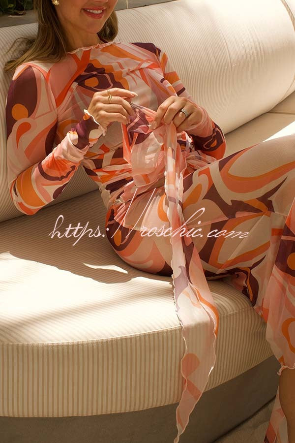 Nessie Mesh Unique Print Tie-up Waist Long Sleeve Stretch See-Through Maxi Dress