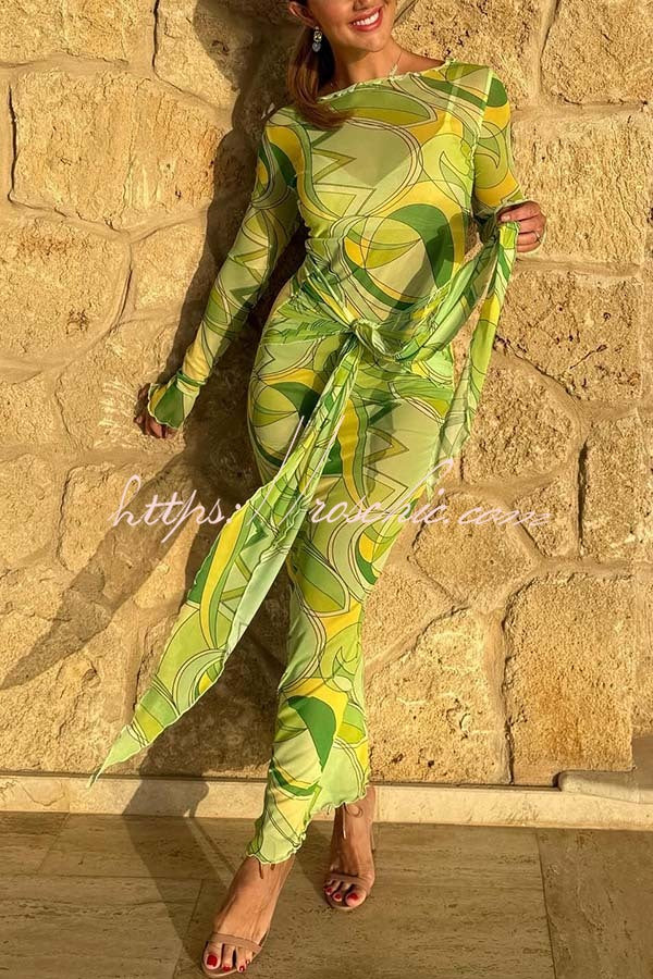 Nessie Mesh Unique Print Tie-up Waist Long Sleeve Stretch See-Through Maxi Dress