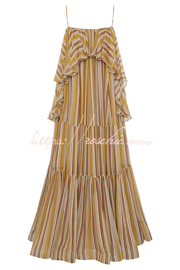 Eternal Joyful Chiffon Striped Print Ruffle Slip A-line Maxi Dress